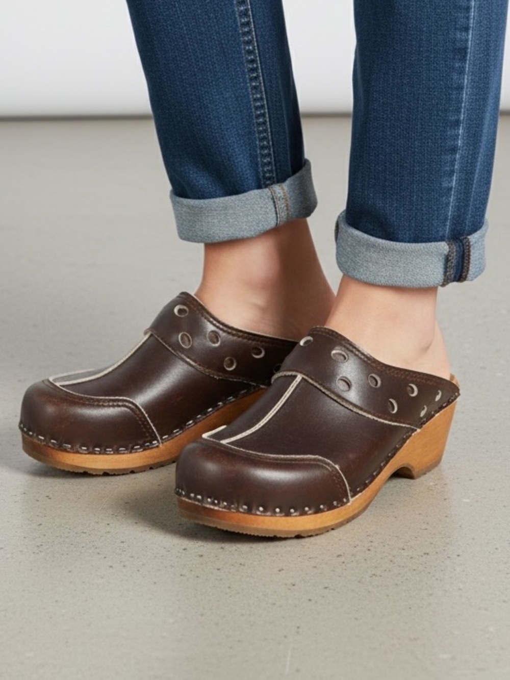 Troentorp Bastad Brown Leather Wooden Clogs Made in Sweden Swedish Comfort Shoe